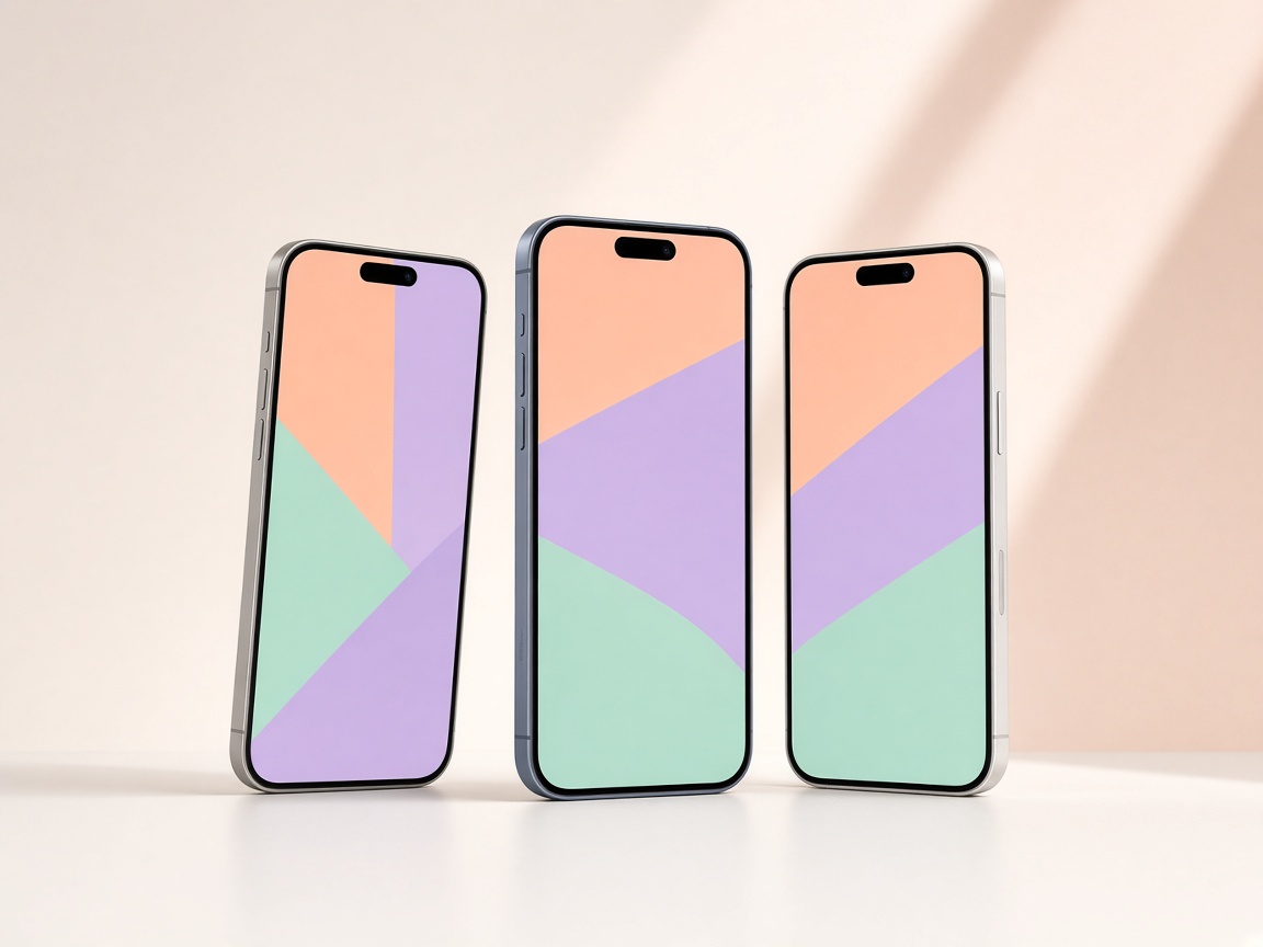 Three phones with pastel screens standing in a row